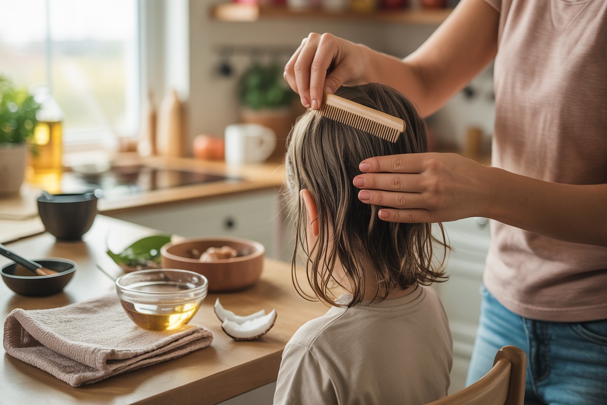 Parent utilise un peigne fin sur cheveux à l'huile de coco contre poux