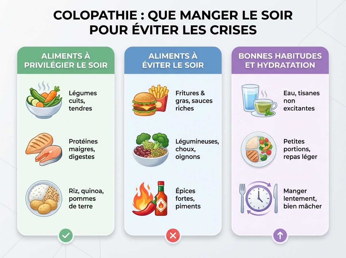 Infographie cheat sheet : Colopathie : que manger le soir pour éviter les crises
