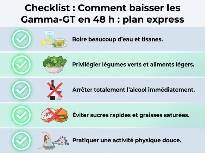 Infographie checklist : Comment baisser les Gamma-GT en 48 h : plan express
