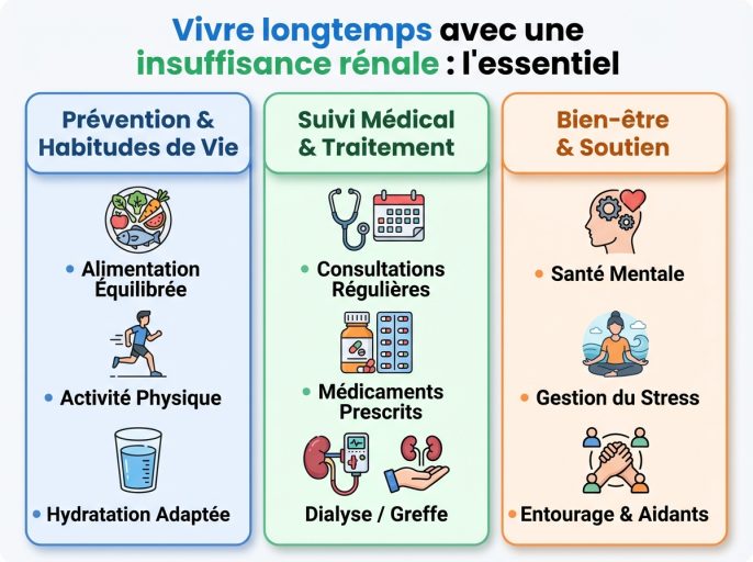 Infographie cheat sheet : Vivre longtemps avec une insuffisance rénale : l'essentiel