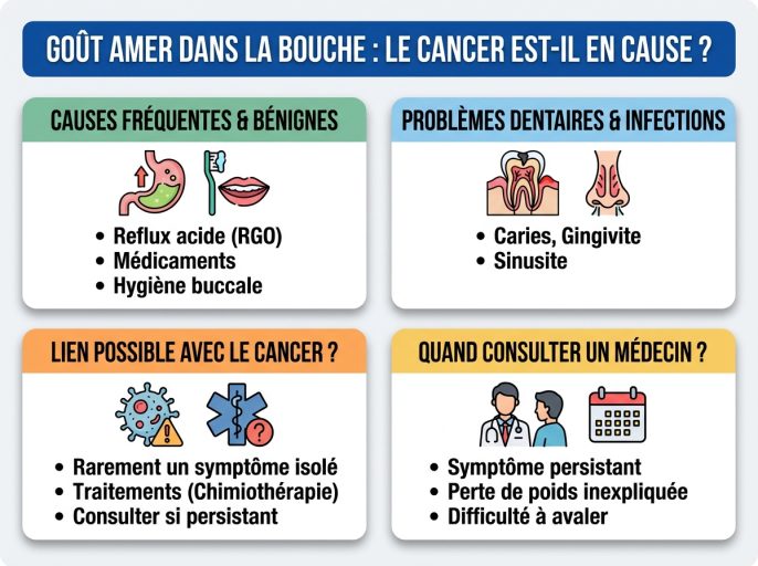 Infographie cheat sheet : Goût amer dans la bouche : le cancer est-il en cause ?