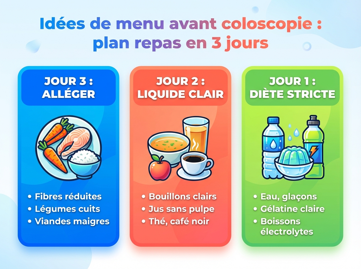 Infographie cheat sheet : Idées de menu avant coloscopie : plan repas en 3 jours