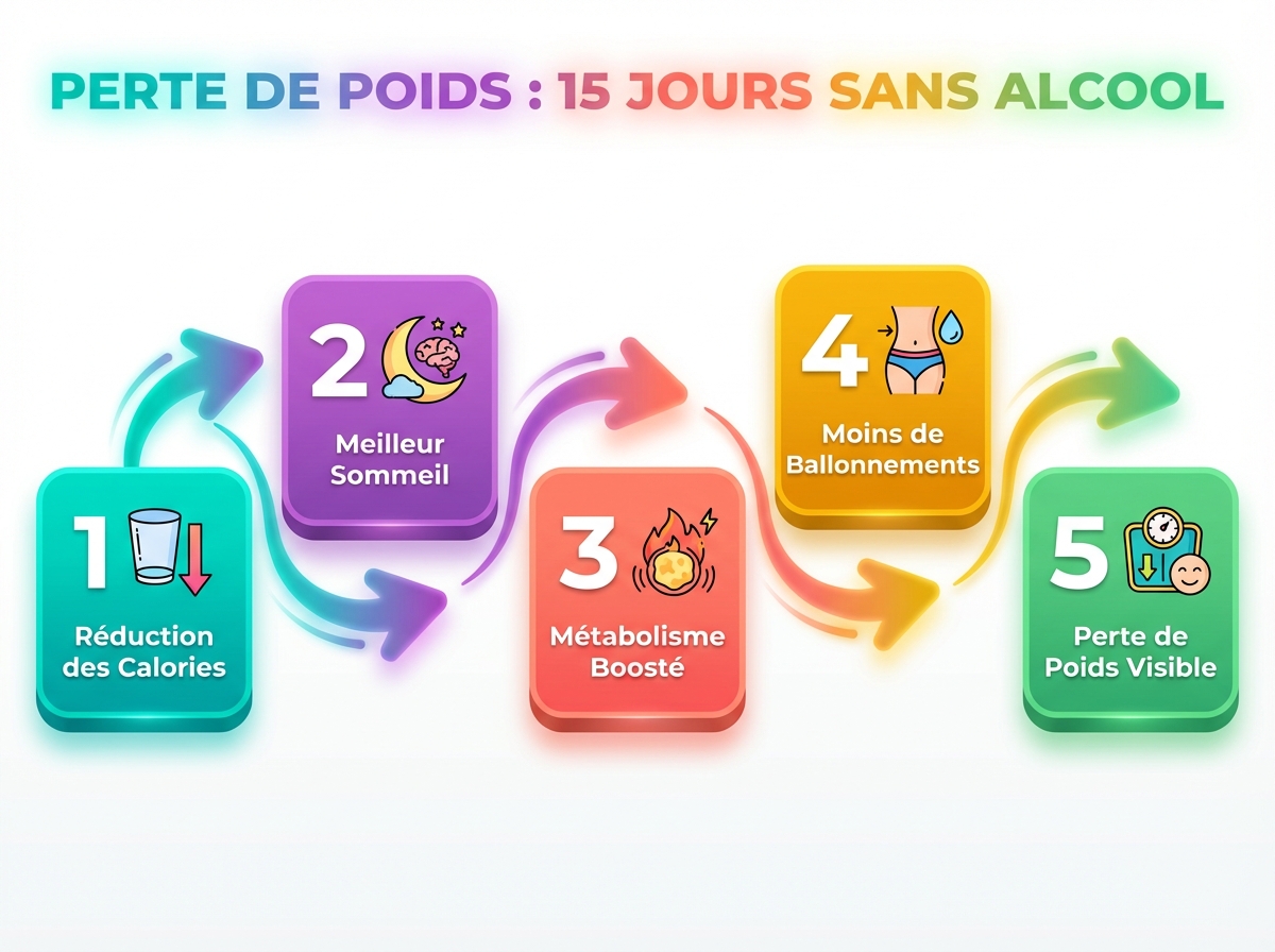 Infographie diagram : Perte de poids après 15 jours sans alcool : chiffres clés