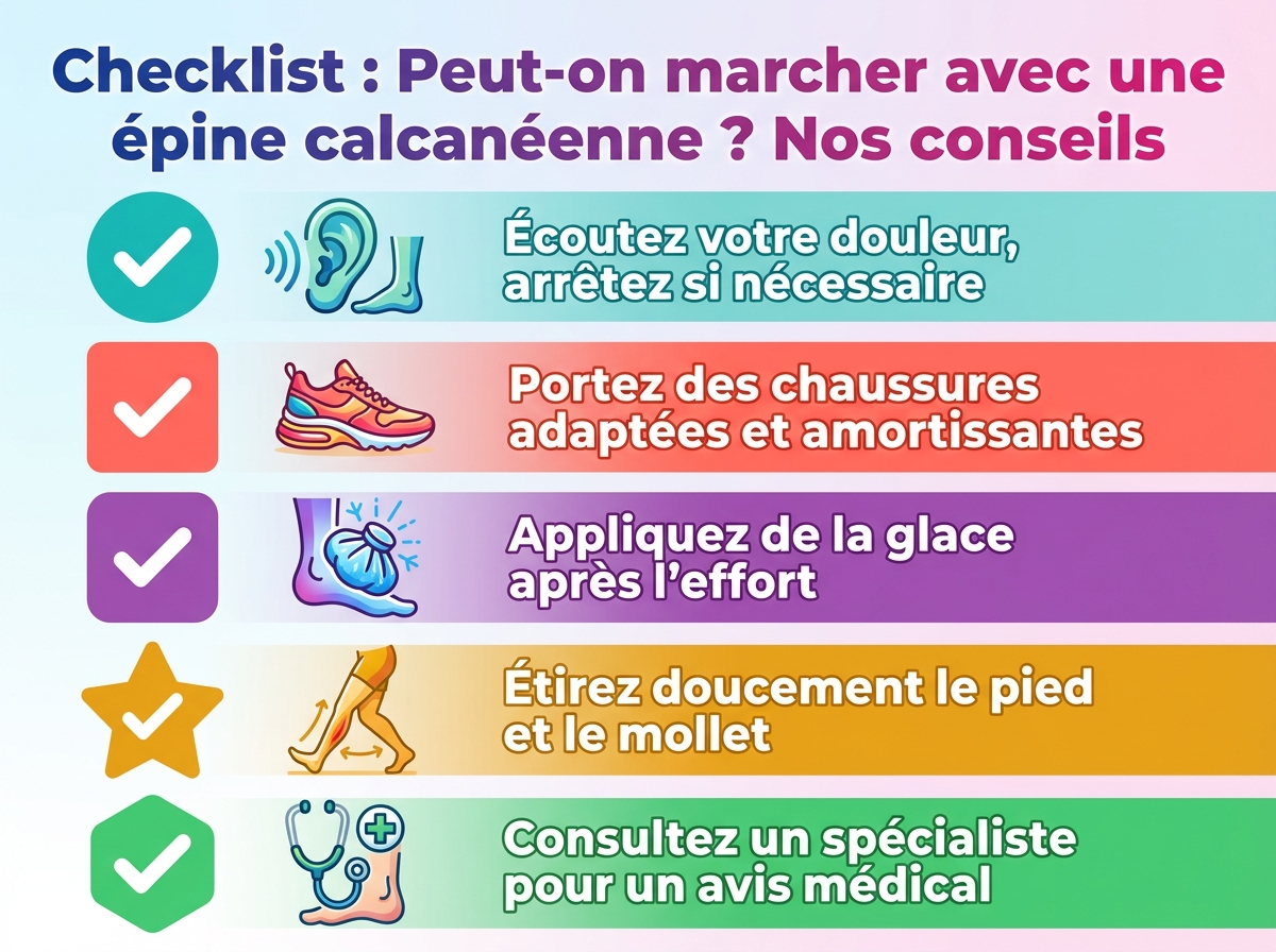 Infographie checklist : Peut-on marcher avec une épine calcanéenne ? Nos conseils