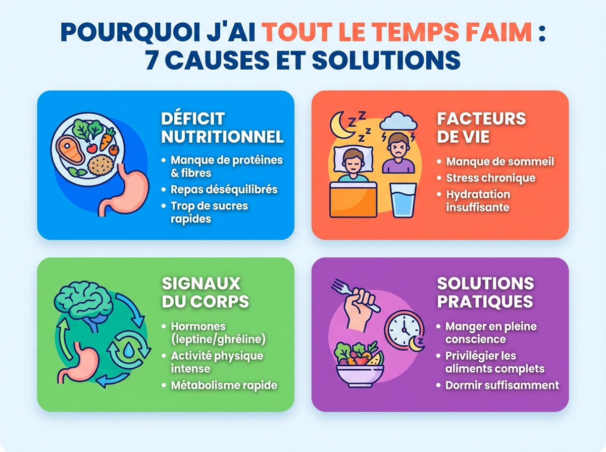 Infographie cheat sheet : Pourquoi j'ai tout le temps faim : 7 causes et solutions