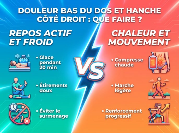 Infographie duel visual : Douleur au bas du dos côté droit et hanche : que faire ?