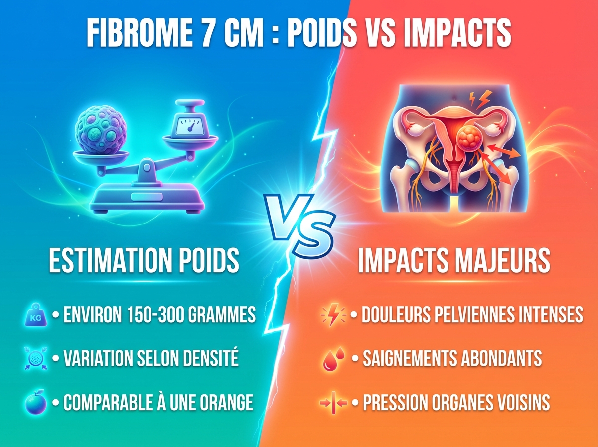 Infographie duel visual : Poids d'un fibrome de 7 cm : estimation précise & impacts