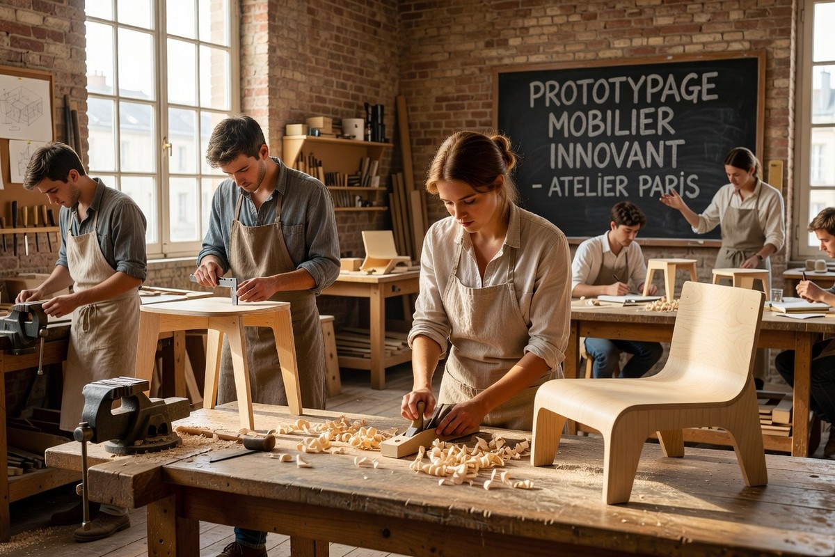 Étudiants prototyper meubles innovants outils bois atelier design français ensoleillé