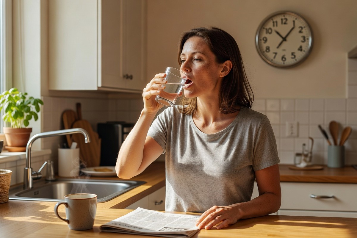 Femme avale comprimé d'ivermectine en vérifiant l'heure sur pendule, pic d'action imminent.