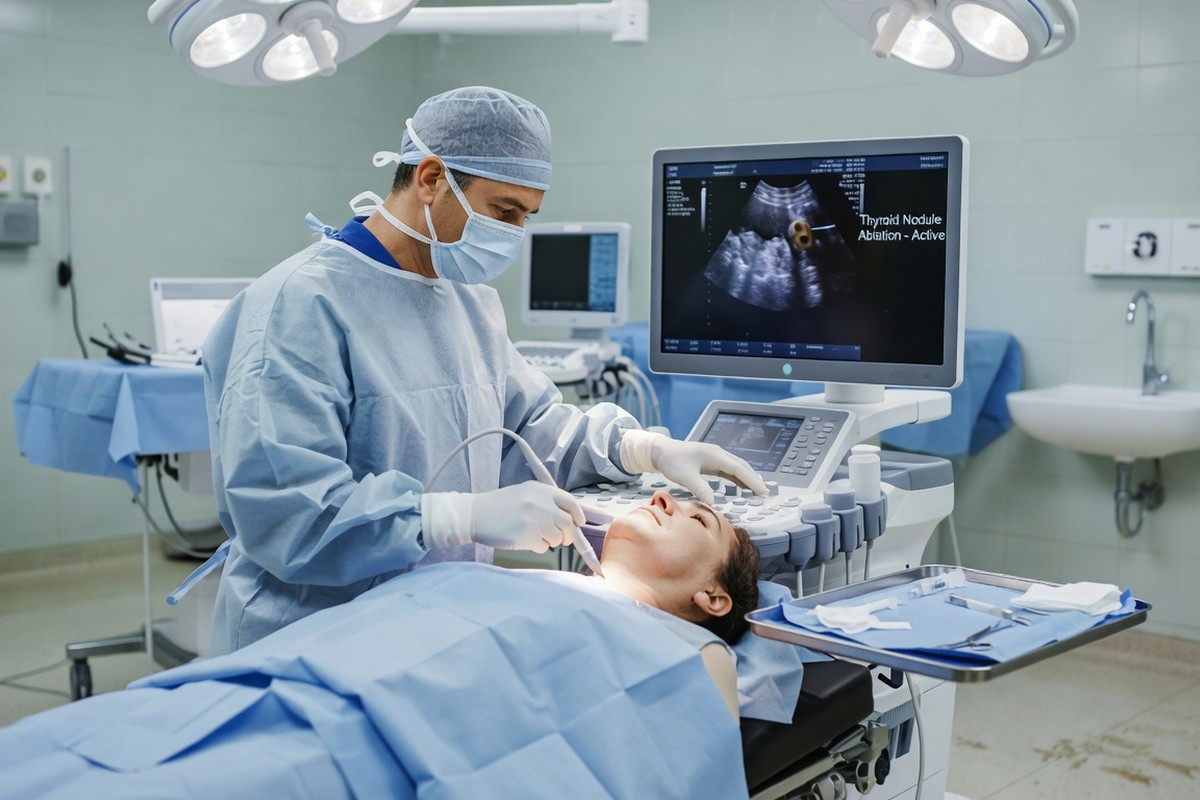 Chirurgien pratiquant ablation précise d'un nodule thyroïdien sans retirer la glande entière.