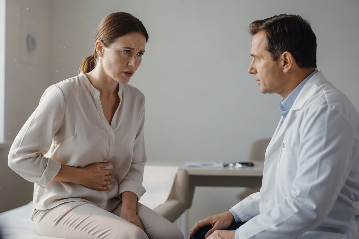 Femme expliquant ses douleurs pelviennes persistantes à son médecin en consultation