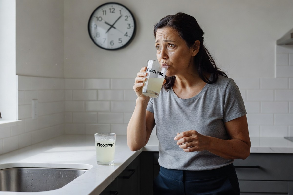 Femme vérifie horloge murale avec anxiété après avoir bu solution Picoprep en cuisine moderne.