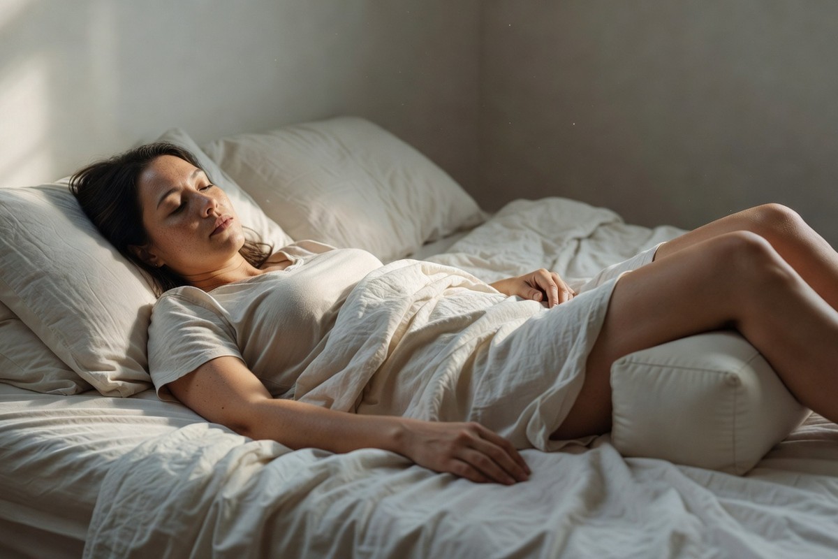 Femme allongée sur le dos avec coussin sous les genoux évitant la pression sur l'oreille