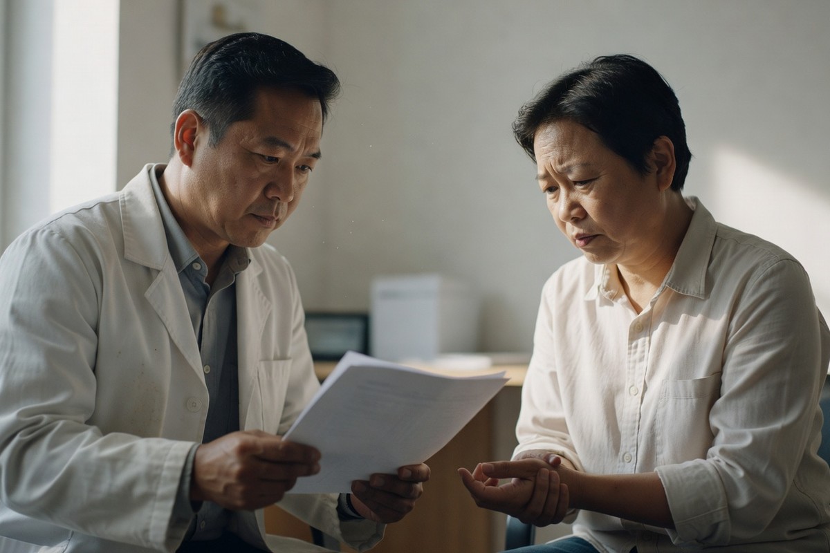 Médecin expliquant résultats sanguins à patient souffrant de douleurs articulaires