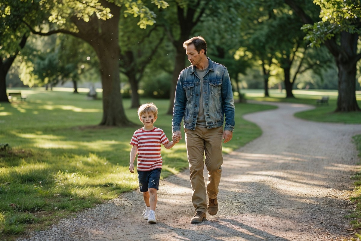Homme marchant avec son fils dans un parc ensoleillé après rémission