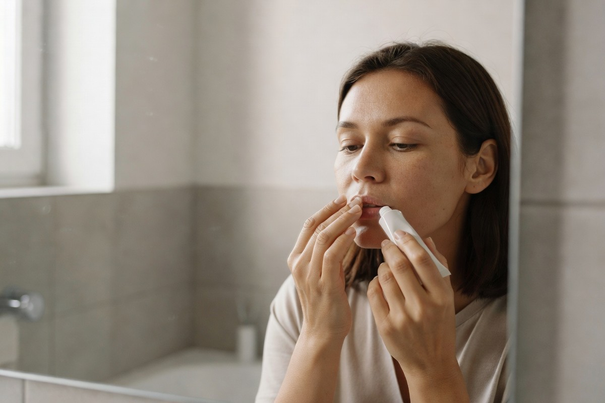Femme appliquant une crème médicale sur sa zone périorale dans une salle de bain épurée