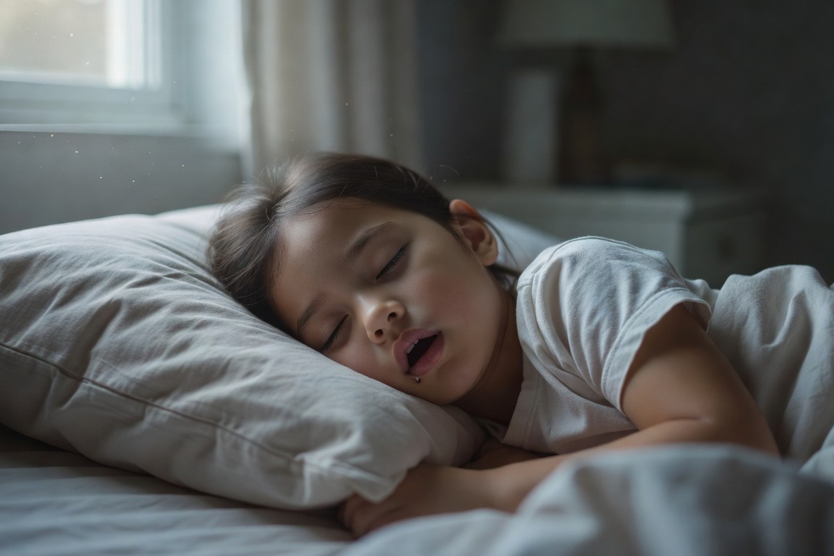 Enfant endormi la bouche ouverte à cause d'une obstruction nasale