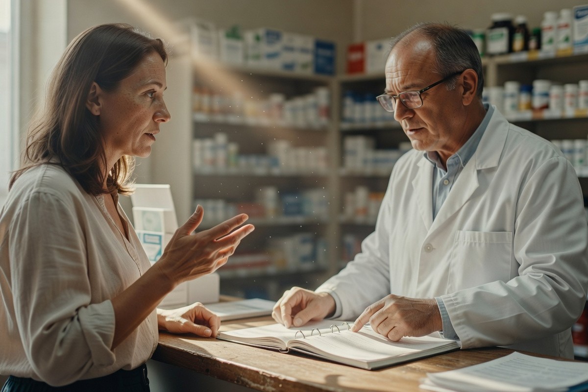 Femme consultant un pharmacien sur les interactions entre compléments et lévothyrox