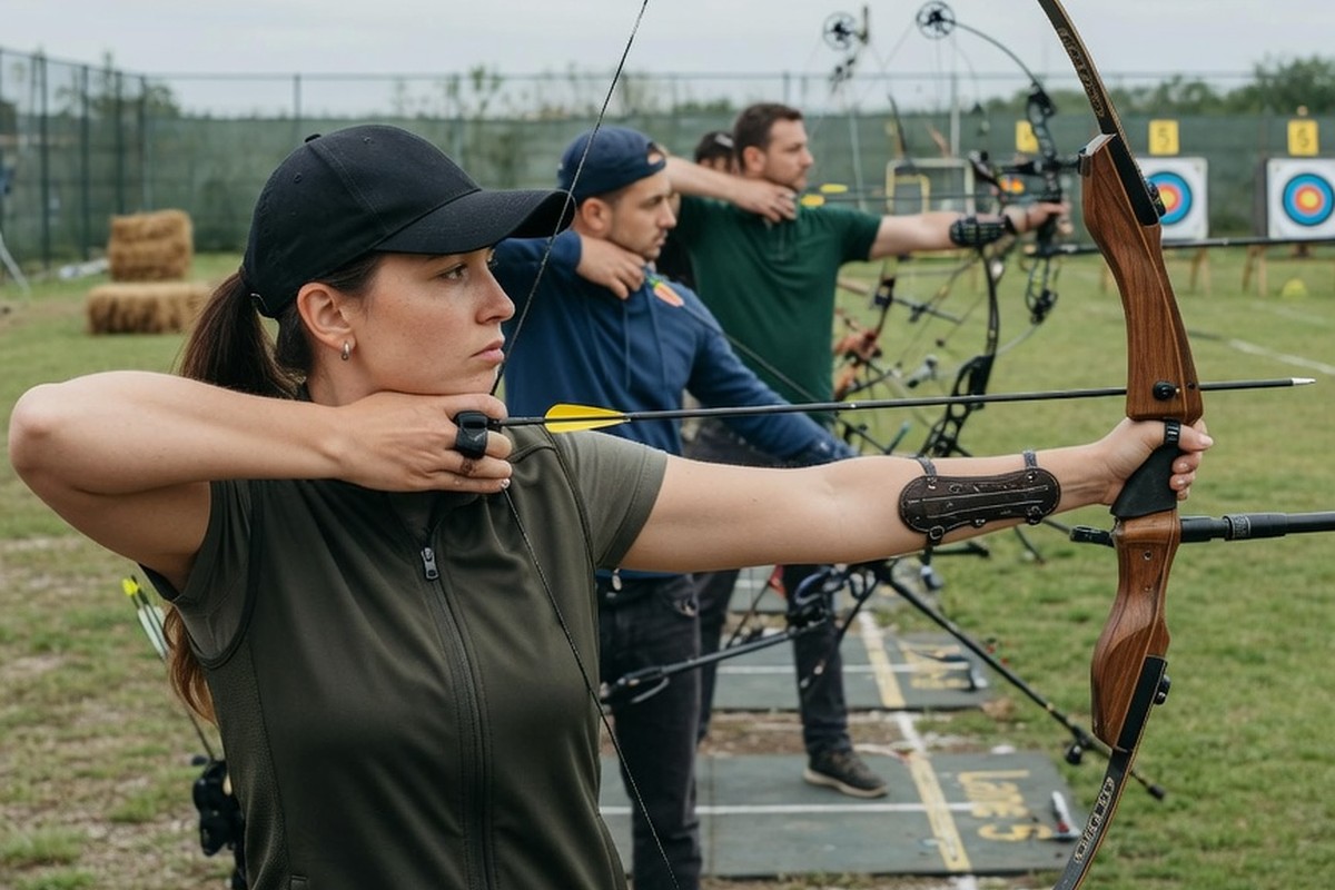 Archère au premier plan avec archers masculins en fond sur des cibles séparées.