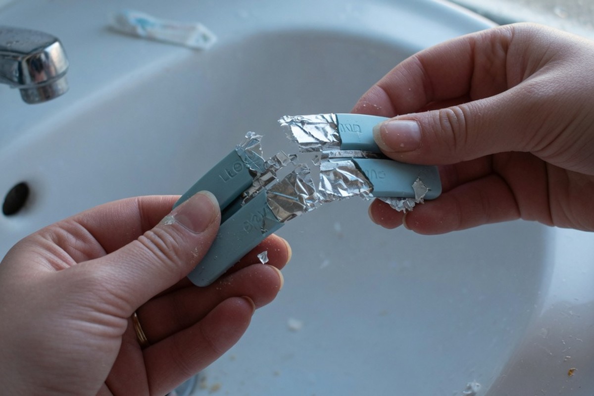 Mains fractionnant une barrette de Lexomil au-dessus d'un lavabo en porcelaine