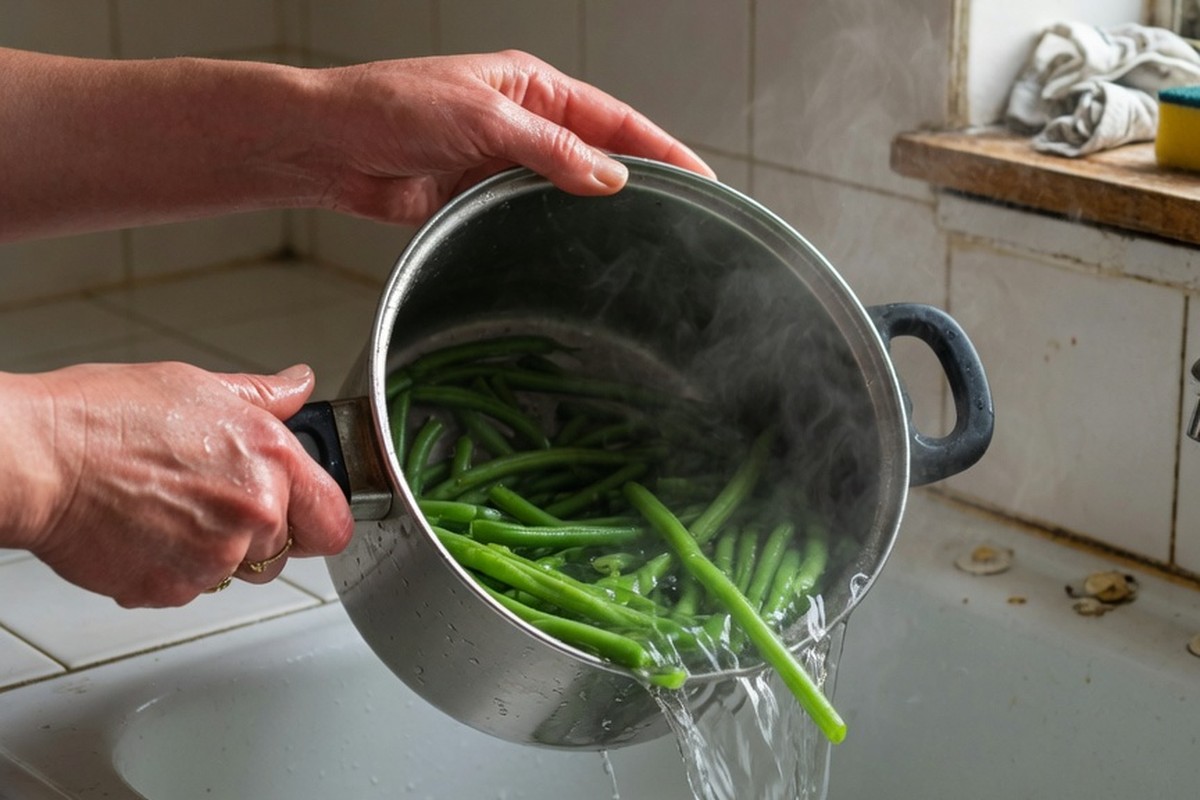 Mains versant l'eau de cuisson des haricots verts dans l'évier