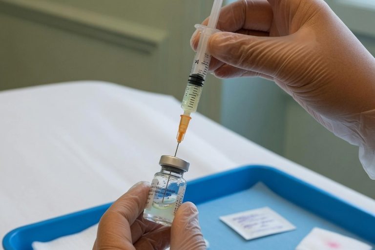 Mains préparant une injection d'acide hyaluronique en cabinet médical