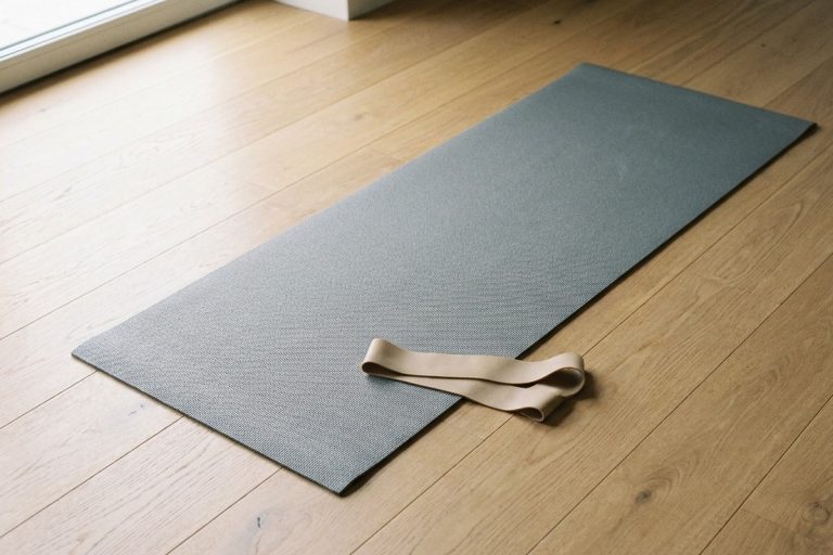 Tapis de sol gris et élastique beige posés sur un parquet