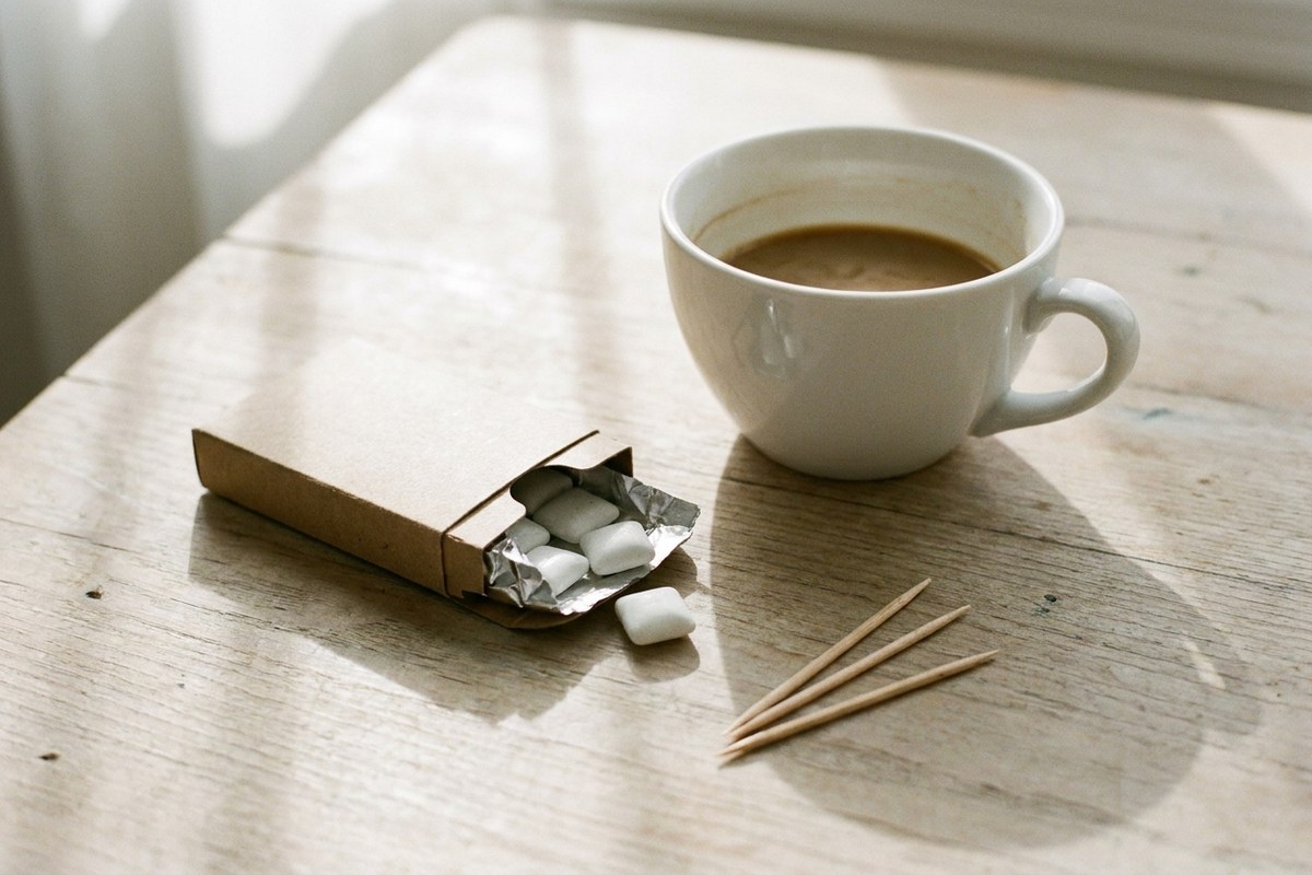 Une tasse de café, un paquet de chewing-gums ouvert et trois cure-dents posés sur une table de bureau